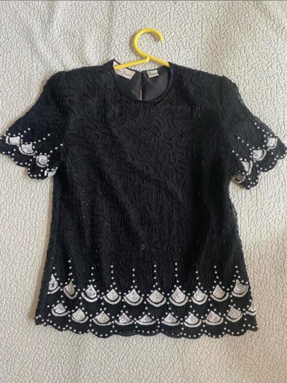 Laurence Kazar Black Short Sleeve Beaded Top with White Beaded Trim